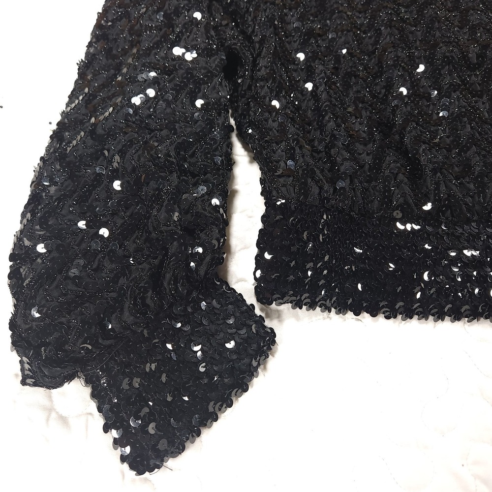 Large Black Sequin Evening Blouse Relaxed Fit Formal Top Balloon Sleeve Wedding - Picture 3 of 9